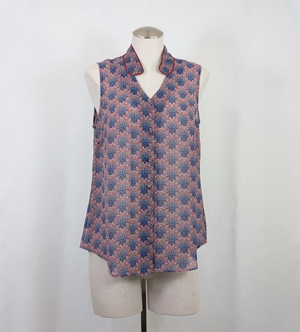 CAbi Blouse Sheer Red Blue Fan Print Sleeveless Women's Size M 3620